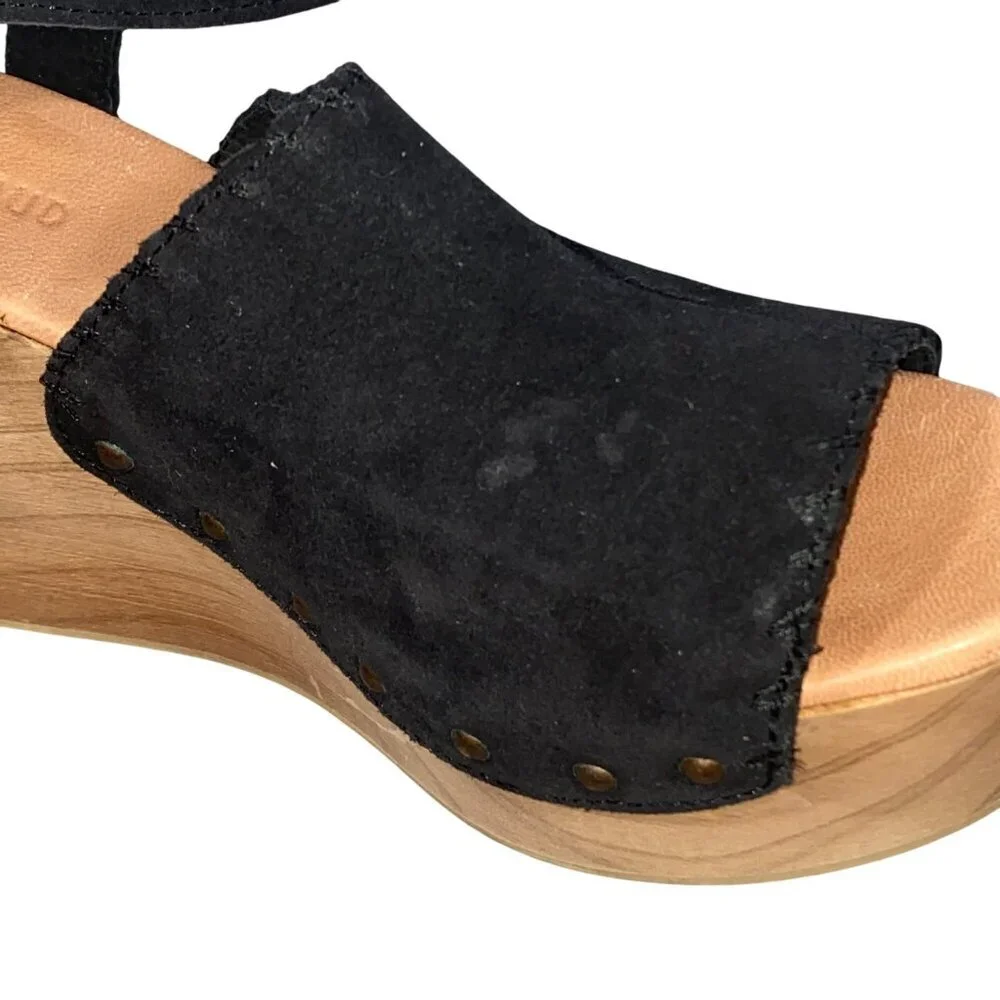 Musse & Cloud Hindix platform Wedge peep toe Sandal shoes black suede leather 9